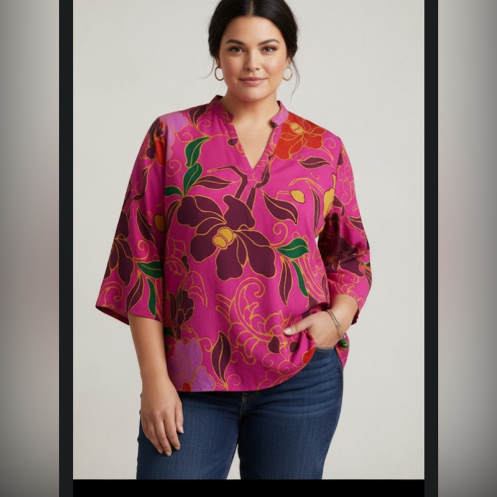 NWT N Natori Womens‎ Fusia Floral Print 3/4 Sleeves Size 3X